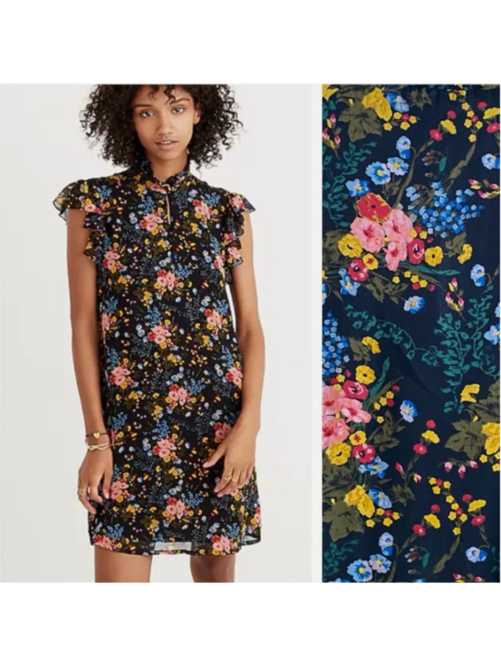 Madewell x No. 6 Garden Bouquet Silk Beacon Mini Dress 0 Black Pink Blue Floral